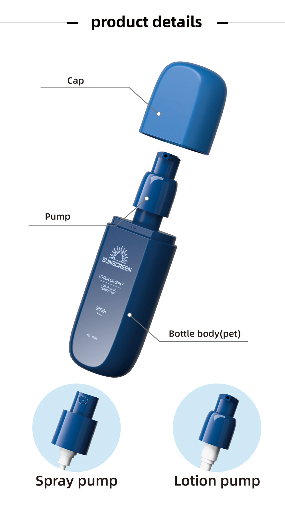 Hot Sale Cosmetics Packaging Elegant Sunscreen PET Fine Mist Spray Bottle with Lotion Pump