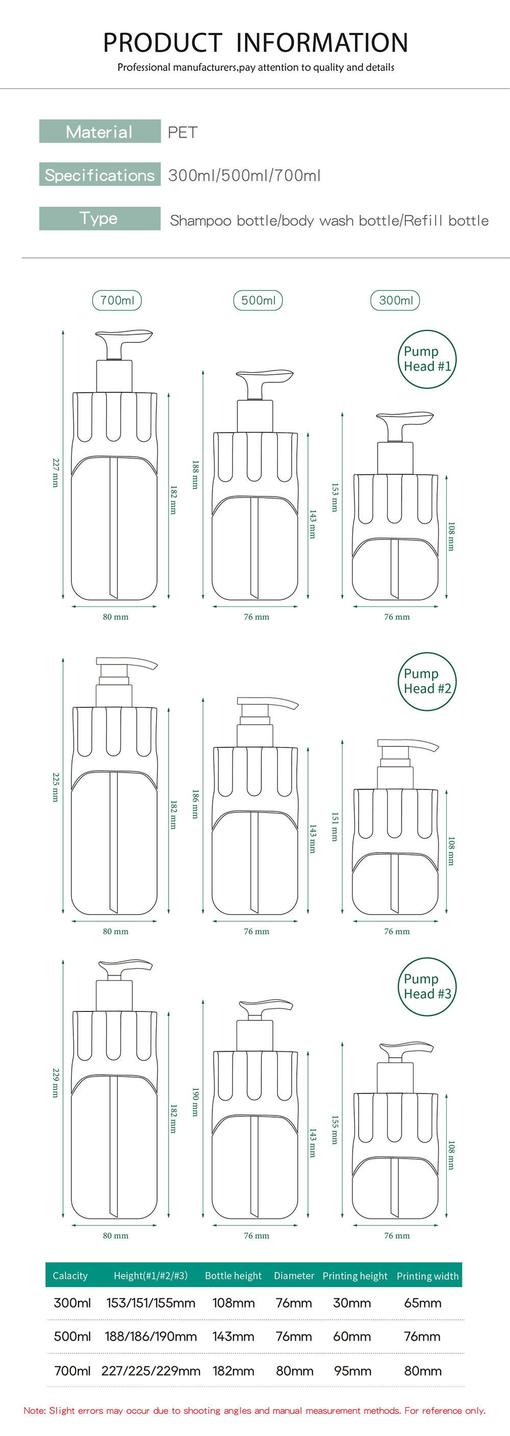 Luxury 300ml 500ml 700ml PET Plastic Shower Gel Bottles for Shampoo Personal Care