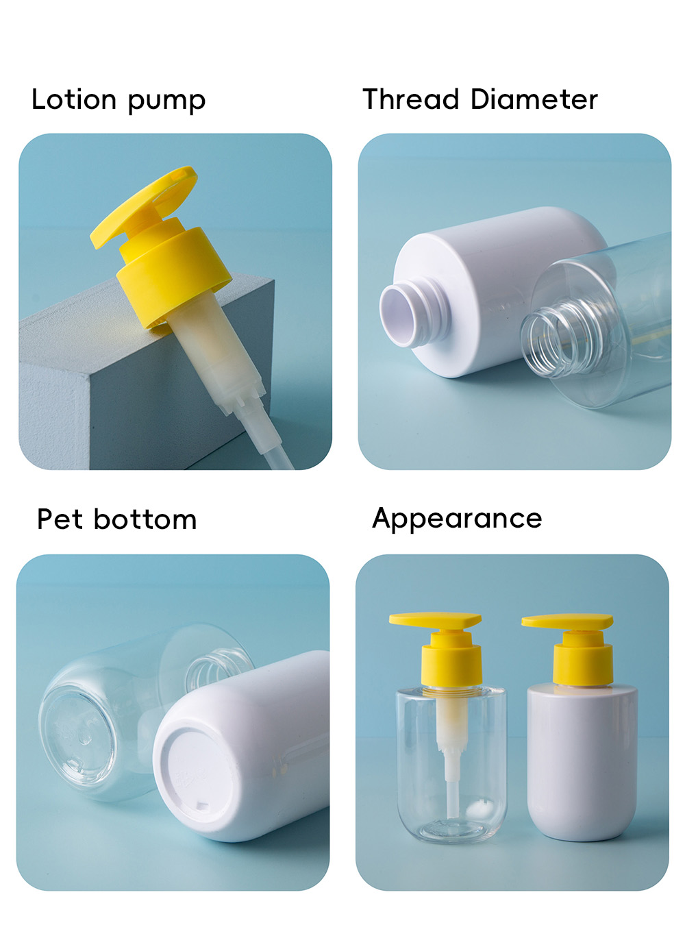 Free Sample 150-300ml Plastic PET Flat Shoulders Lotion Pump Shampoo Bottle